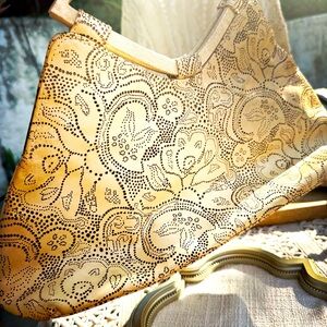 R&Y Augousti Light Tan Leather Shagreen Designer Handbag, Tropical Floral motif